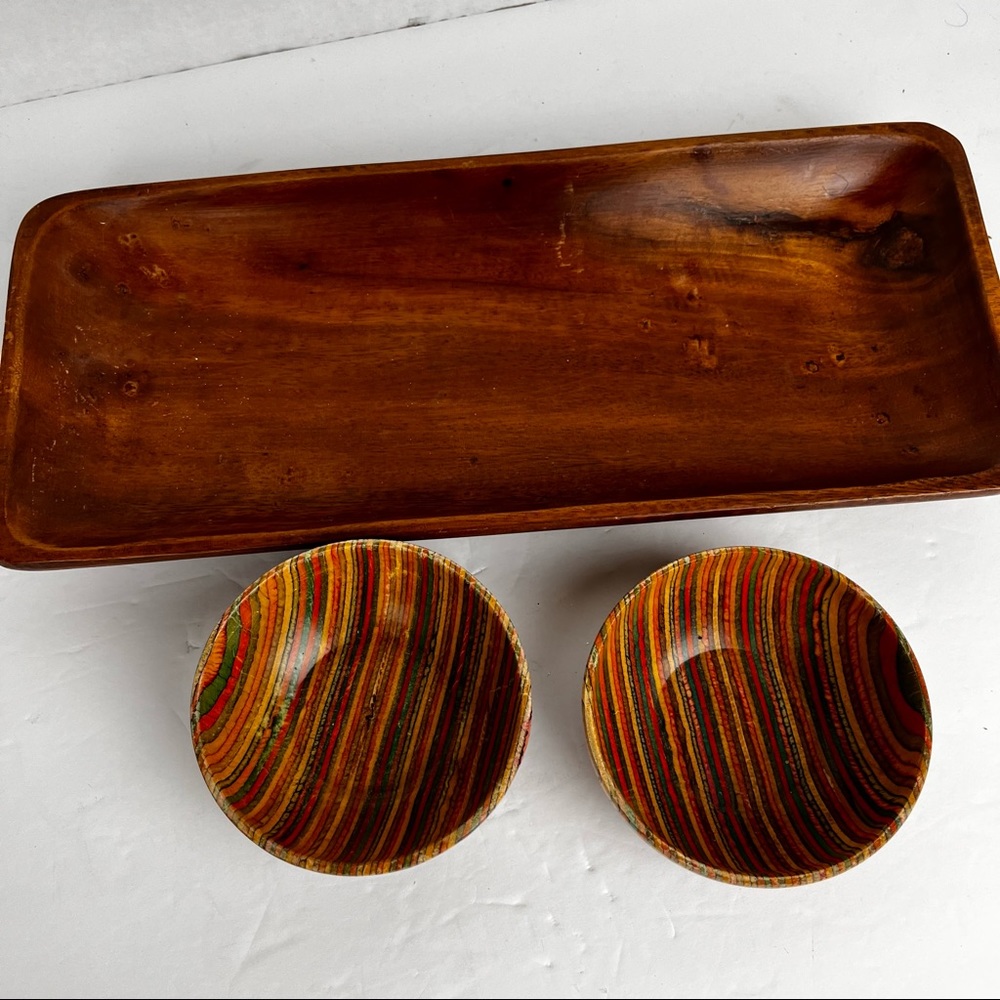 Three piece wooden tray and bowl set.